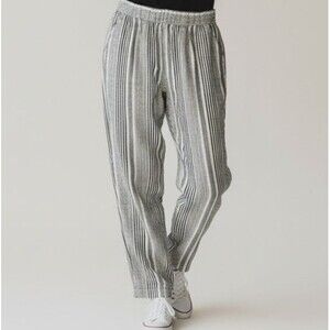 NEW C&C California 100% Linen Stripe Pants Women Large Black White Elastic Waist